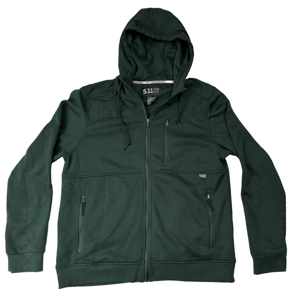 5.11 Tactical Jacket Mens L Full Zip Up Hooded Fleece Green Cotton Poly Blend